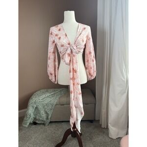 ALEXIS Tie Front Crop Top XS Pink Floral Long Sleeve Boho Resort Blouse